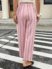SHEIN Frenchy 休閒極簡風粉色仿紋理直條紋度假風女款七分寬腿長褲，適合春夏度假 - 彩色 - 查看 2