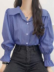 DAZY 女款條紋翻領短袖燈籠袖寬鬆襯衫，春夏秋長袖款 - 藍白色 - 查看 2