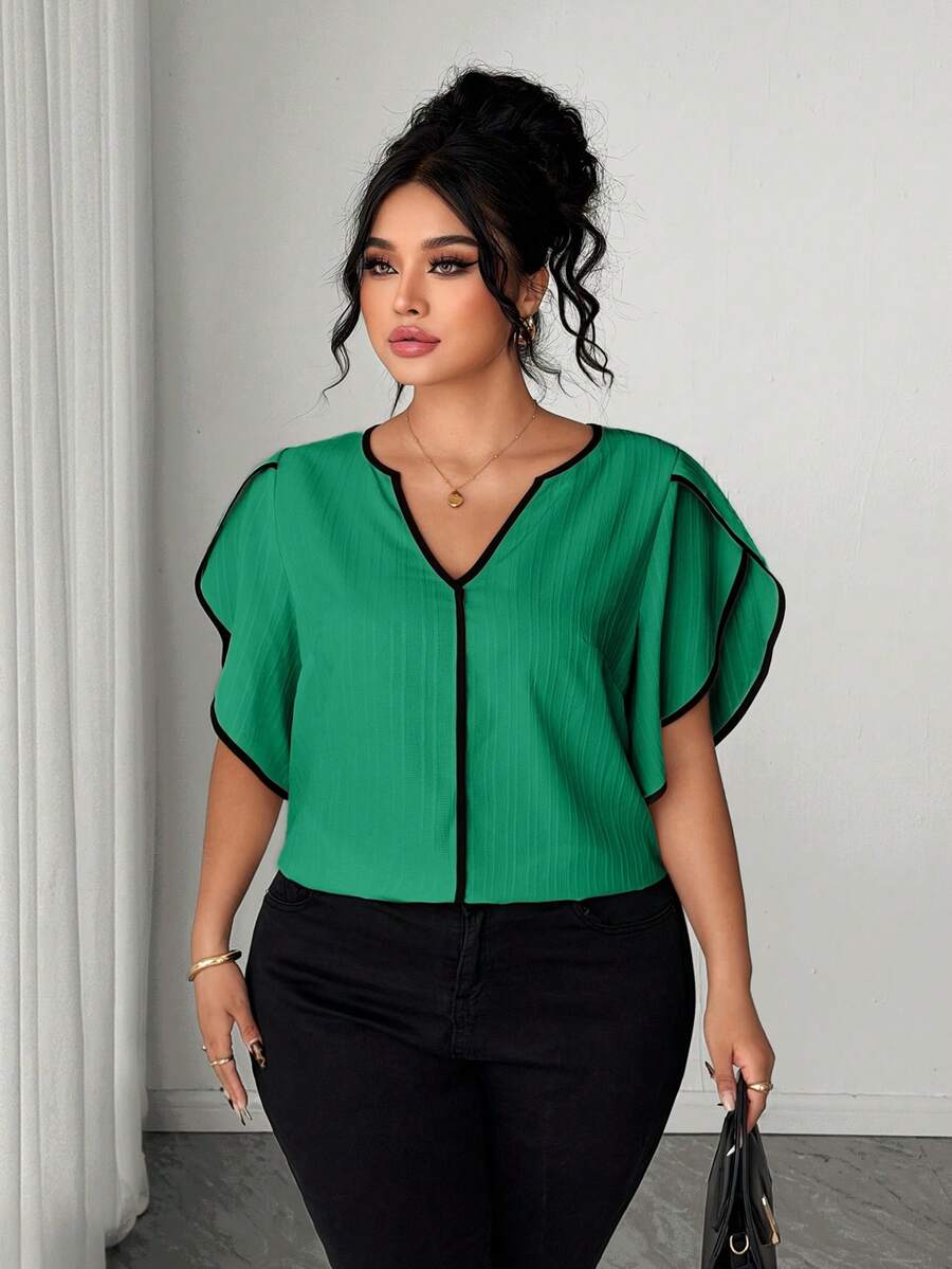 SHEIN Elenzya 女款短袖V領度假風休閒襯衫 - 綠色 - 查看 1