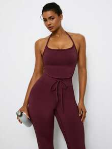 Voyena Plus Size Women Solid Color Halter Top And Drawstring Waist Flare Pants Casual Daily Sports Set - Burgundy - View 4