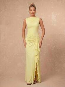 Lumalex Lemon Yellow Sleeveless Knit Maxi Dress With Draped Boat Neck Side Ruched Waist Cascading Ruffle Front Slit And Back Seam, Spring Summer Luxury Dress - Light Yellow - View 4