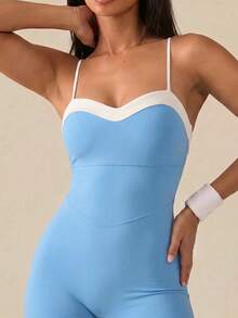 SHEIN BAE Mono deportivo ajustado de verano con espalda descubierta y contraste de color - Azul - Ver 6