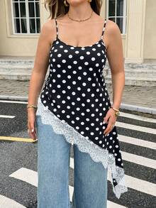 Easura Women's Polka Dot Lace Patchwork Asymmetrical Hem Tummy Control Slimming Elegant Versatile Plus Size Camisole Vacation Black And White Summer - Black and White - View 7