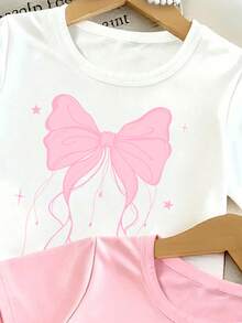 2pcs/Set Girls Blue & Pink Bow Pattern Printed All-Match Short Sleeve T-Shirts, Cute Cartoon Daily Comfortable Versatile - Multicolor - View 3