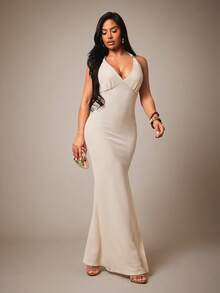 Radiana Women's Sexy Elegant Orange Slim Fit Long Dress, Open Back Strap Design With Metal Beads, Evening Gown, Suitable For Date Night Out/Party/Birthday - Apricot - View 4