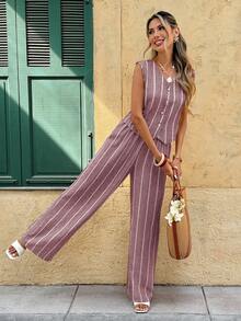 SHEIN Frenchy Women's White Single-Breasted Top And Pants Casual Daily 2 Pieces Set Vacation Summer - Purple - View 6