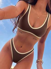 Swim Vcay 女款夏季海灘拼接色比基尼上衣與三角褲兩件式泳衣套裝 - 彩色 - 查看 1