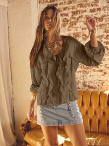 Aralina Ruffled V-Neck Long Sleeve Front Tie Blouse - Chocolate Brown - View 7
