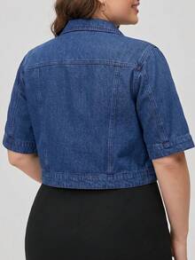 EMERY ROSE Plus Size Women's Cropped Button Puff Sleeve Denim Jacket - Blue - View 2