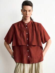 Aalyst French Style High-End Stand Collar Single-Breasted Design Short Sleeve Red-Brown Shirt Loose Fit Elegant Slimming Top - Rust Brown - View 4