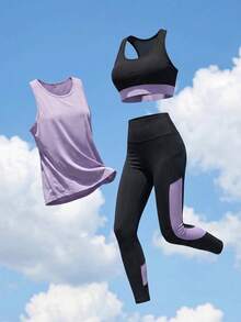 SHEIN Cheerettes 女款拼色上衣、純色圓領上衣與高腰長褲休閒日常運動套裝 - 彩色 - 查看 3