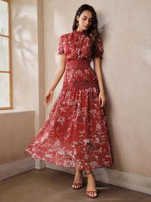 Anewsta Women's Elegant Heavy Embellished Stand Collar Patchwork Lace Floral Dress - Red - View 5