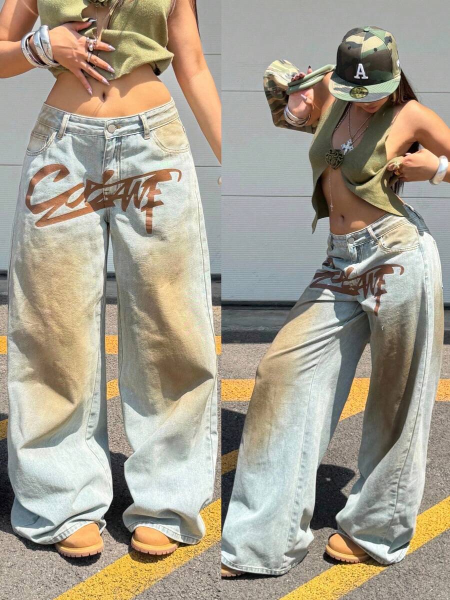 Coolane 女款夏季街頭風外出演唱會 Y2K 牛仔女郎休閒復古水洗寬腿低腰圖案棉質香蕉哈倫褲