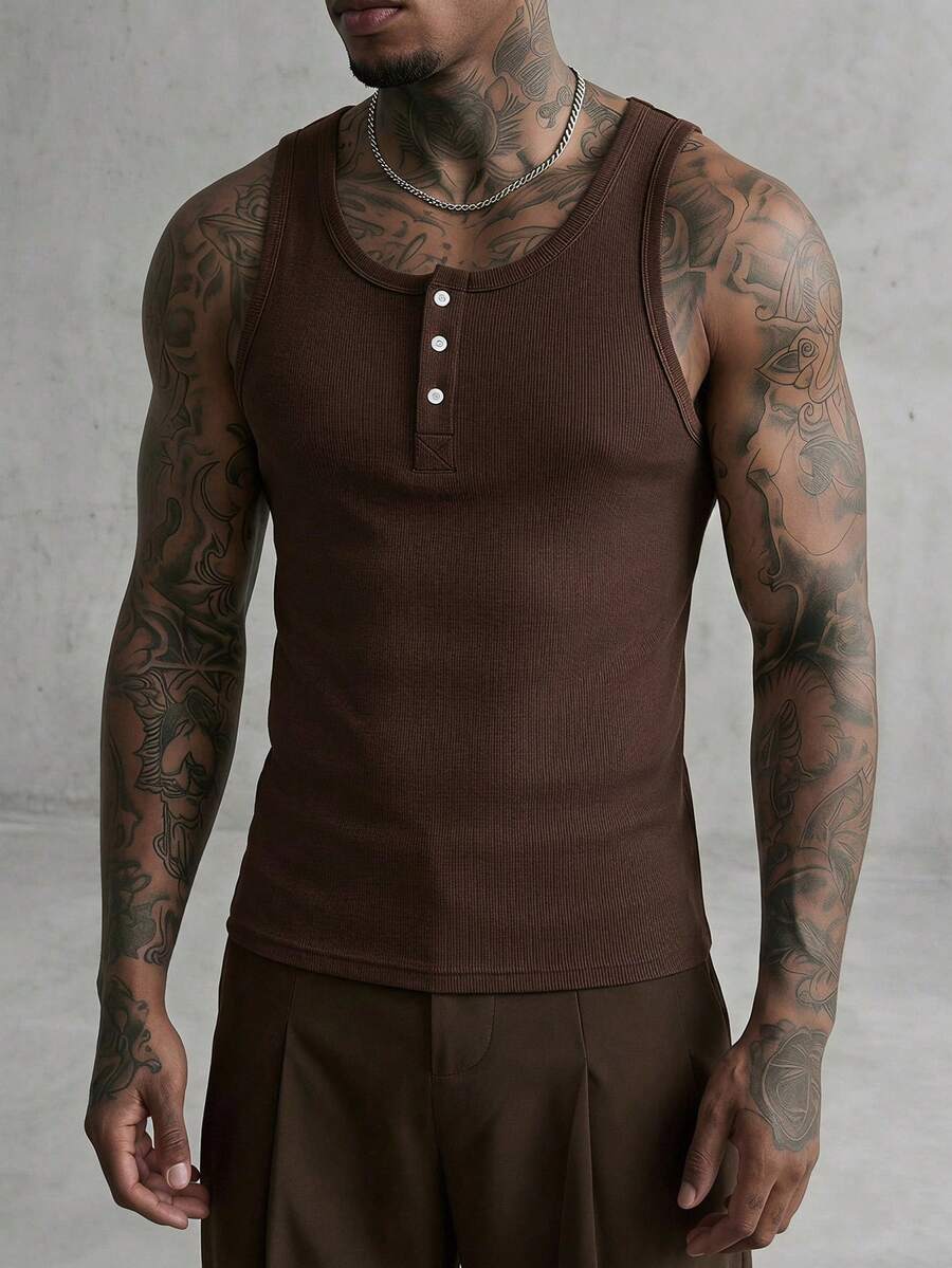 AXEPEAK Men's Casual Sleeveless Half-Zip Breathable Tank Top - Coffee Brown - View 1