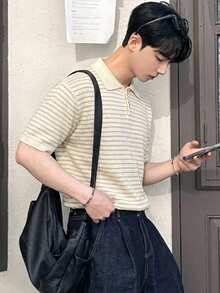 DAZY Atasan Rajut Pria Motif Jacquard Garis-Garis Aprikot untuk Musim Panas - Aprikot - View 6