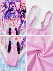 Young Girl Casual Minimalist Cartoon Girl Ombre Print One-Piece Swimsuit, Suitable For Summer - Multicolor - View 3