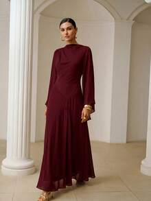 ZEYLAH Asymmetrical Fitted Long Dress With Large Sleeves, Spring - Burgundy - View 4