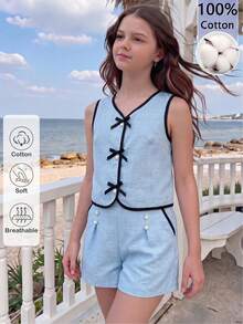 SHEIN ChillGRL Teen Girls Summer Fashion Versatile Sweet Style Sleeveless Tank Top & Shorts 2-Piece Set, Round Neck Cardigan With Bow & Button Decor, Woven Fabric Soft & Comfortable, Elegant Sweet Choice For Party & Birthday - Multicolor - View 4
