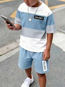 Teen Boy Casual Minimalist Short Sleeve Crew Neck T-Shirt And Shorts Set, Suitable For Summer - Multicolor - View 5