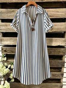 EMERY ROSE New V-Neck Striped Loose Casual Long Button Dress For Women - Navy Blue - View 4