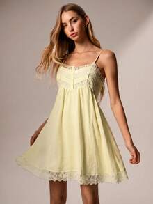 Willow Rêve Women's White And Yellow Lace Patchwork Spaghetti Strap Dress, Romantic Cottagecore Modest Vacation Style, Boho, Valentine's Day Picnic Brunch Summer - Light Yellow - View 6