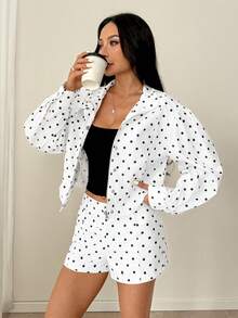 SHEIN PETITE Women's Fashion Polka Dot Print Zipper Front Long Sleeve Jacket And Shorts 2-Piece Set - Black and White - View 8
