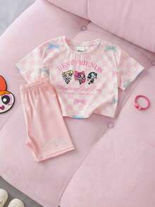 THE POWERPUFF GIRLS X SHEIN Young Girl Comfortable Casual Plaid Cartoon Print Crew Neck Short Sleeve T-Shirt With Fitted Shorts Co-Branded Set - Pink - View 1