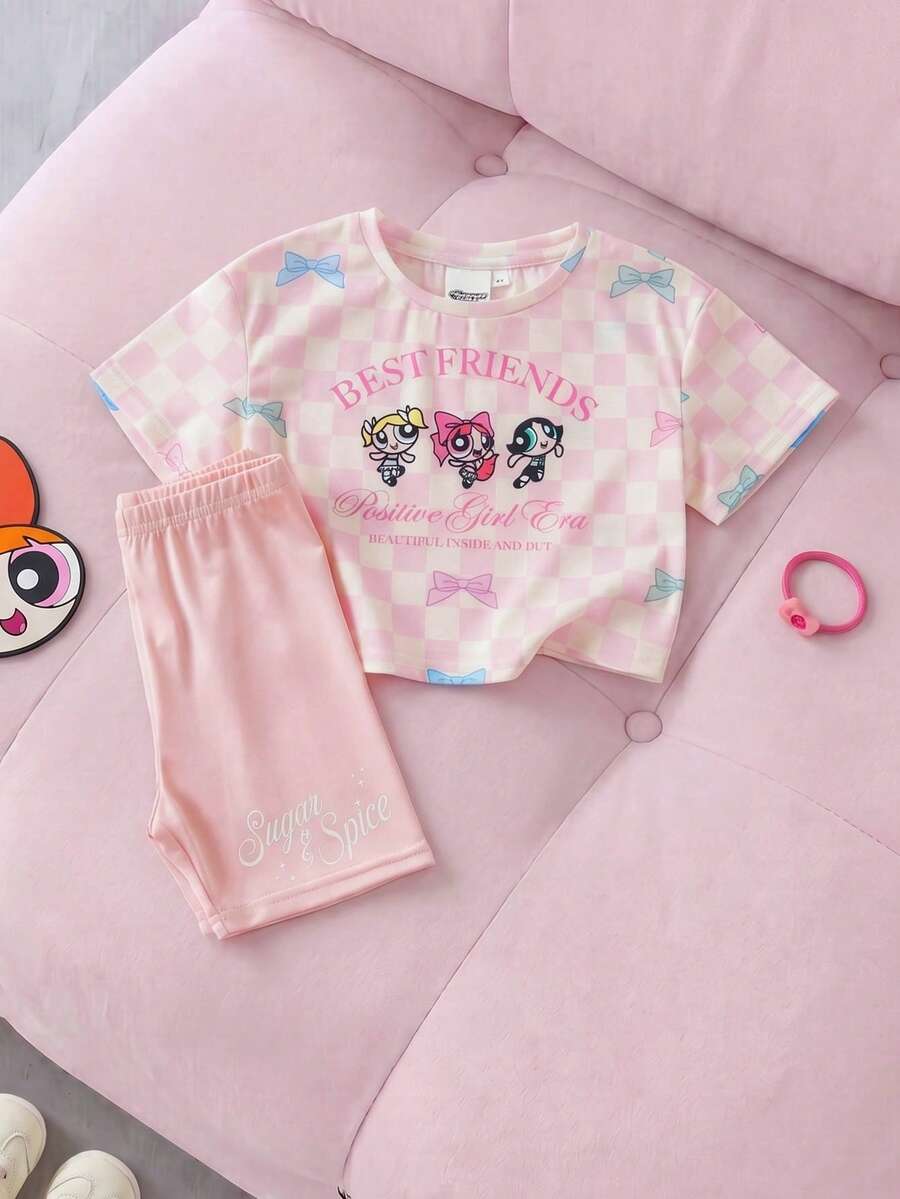 THE POWERPUFF GIRLS X SHEIN Young Girl Comfortable Casual Plaid Cartoon Print Crew Neck Short Sleeve T-Shirt With Fitted Shorts Co-Branded Set - Pink - View 1