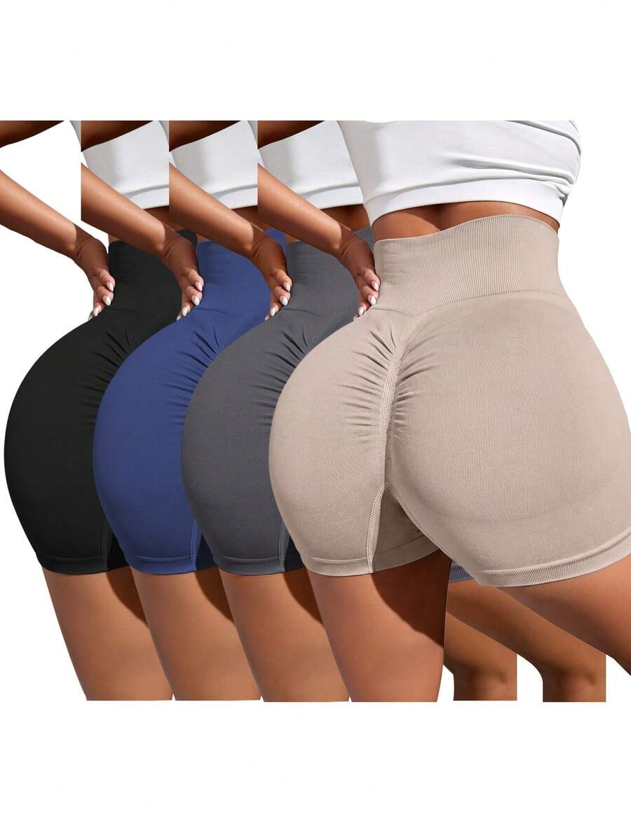 Velisys Velisys 4件組女款針織無縫舒適彈性高腰提臀短褲,黑色/海軍藍/深棕色/酒紅色,適合瑜伽、跑步、單車、健身、戶外休閒穿著,全新派對款,春夏秋冬四季適用 - 彩色 - 查看 1