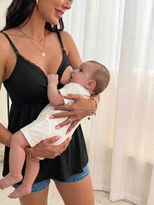 Modmama 孕妇纯色荷叶边下摆时尚哺乳吊带衫 - 黑與白 - 查看 4