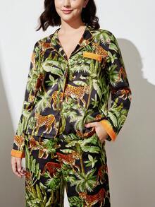 LUVLETTE Tropicoqueta 秋冬復古印花緞面女款長版睡衣套裝家居服 女款圖案睡衣 - 橄欖綠 - 查看 5