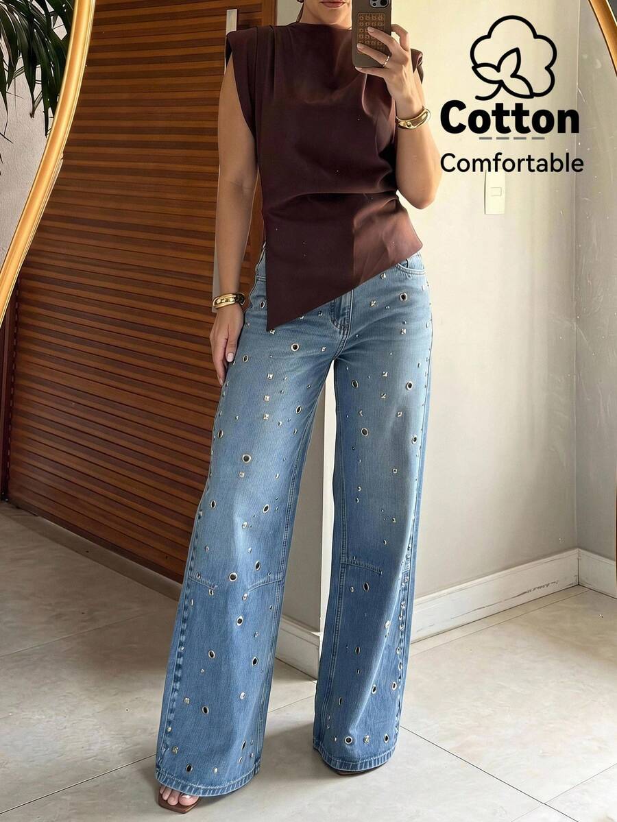 Lumalex Cotten Blend Blue High Waist Wide Leg Jeans With Rhinestone Studs Metal Grommets Front Seams With Back Pockets Perfect For Everyday Wear Commute
