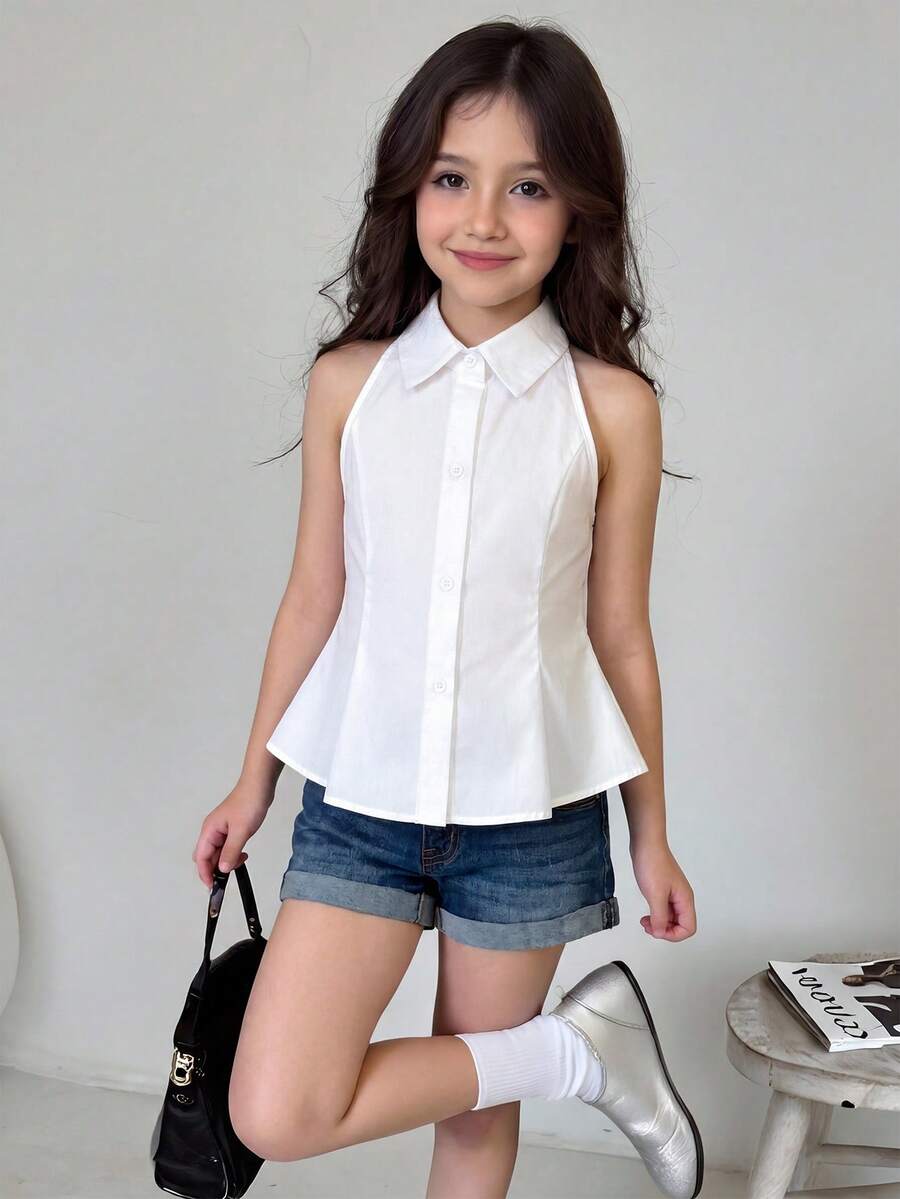SHEIN 少女休閒度假優雅通勤校園風修身翻領無袖百褶梭織純白色收腰修身A字前開鈕扣襯衫上衣 - 白色 - 查看 1