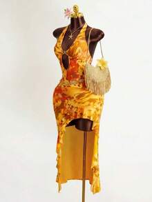 Zestiva Summer Backless Halter Floral Dress,Orange Yellow Boho Holiday Vacation,Elegant Deep V Neck Hollow Out Ruffle Asymmetric Hem Beach Party Dresses - Orange - View 3