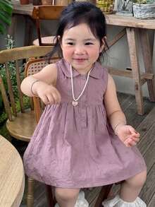 Dazy Kids 嬰兒/幼兒（女童）圓領刺繡卡通可愛無袖短袖中長洋裝 夏季 - 紫丁香色 - 查看 3