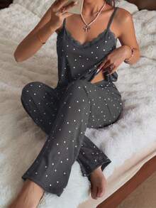 CottageSlumber 女款四季針織羅紋對比蕾絲棕色愛心印花性感甜美極簡時尚吊帶背心與長褲睡衣套裝，可作為外穿服飾 - 深灰色 - 查看 5