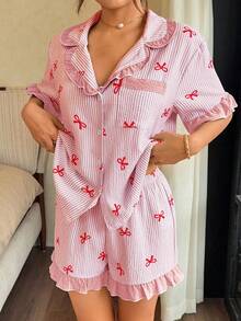 Napfluff Women's Blue Striped Bow Print Patchwork Contrast Color Ruffle Hem Lapel Short Sleeve Shorts Pajama Set - Pink - View 4