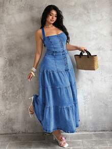 Sunnyshic Plus Size Women's Button Ruched Casual Daily Denim Dress - Blue - View 4