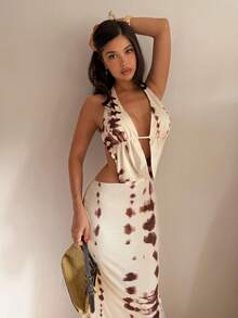 Aloruh Gaun Wanita Gaya Resort Model Deep V Motif Bintang Laut Warna Solid Beige Bertekstur Leher Halter Berlubang di Bagian Belakang dengan Tali Ikat dan Belahan Tinggi Ekstra Panjang - Aprikot - View 5