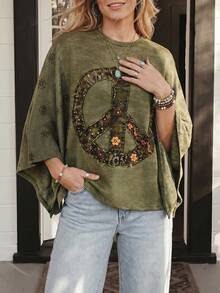 Wildy Tenue d'été décontractée BOHO style western country avec patchwork blocs de couleurs pour femme, top ample asymétrique basique pour sorties et trajets quotidiens - Militaire verte - Voir 3