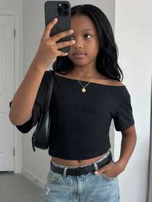 SHEIN Camiseta de punto negro con hombro asimétrico para adolescentes, estilo casual diario, moda versátil de calle - Negro - Ver 6