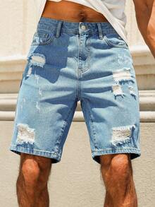 Manfinity Roughcore Men's Street Style Casual Distressed Blue Plus Size Denim Shorts, Holiday - Light Wash - View 6