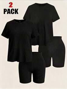 Comfortcana Plus Size Solid Color Set 2pcs Short Sleeve Tops + 2pcs Knee-Length Shorts 4pcs Pack - Multicolor - View 2