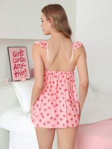 QuietHaus Minimalist Sexy Sweet Girly Style Pink Floral Heart Mesh Front Button-Up Nightgown With Ruffle Trim, 2pcs Sexy Lingerie Set For Women - Coral Pink - View 2