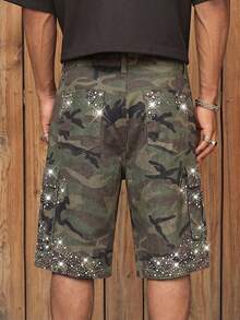 CalleClaro Men's Camouflage Pattern Rhinestone Embellished Cargo Denim Shorts - Army Green - View 2