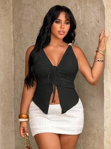 Rustia Top de tirantes ajustado con fruncido y cordón para anudar, estilo elegante francés, para mujer talla grande - Negro - Ver 6