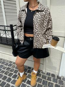 Dazy Plus Jaket Denim Lengan Panjang Kasual Longgar Bergaya Jalanan Motif Leopard Ukuran Plus untuk Wanita, Model Blogger Musim Semi/Gugur, Warna Beige untuk Acara Formal Makan Siang. - Grey - View 6