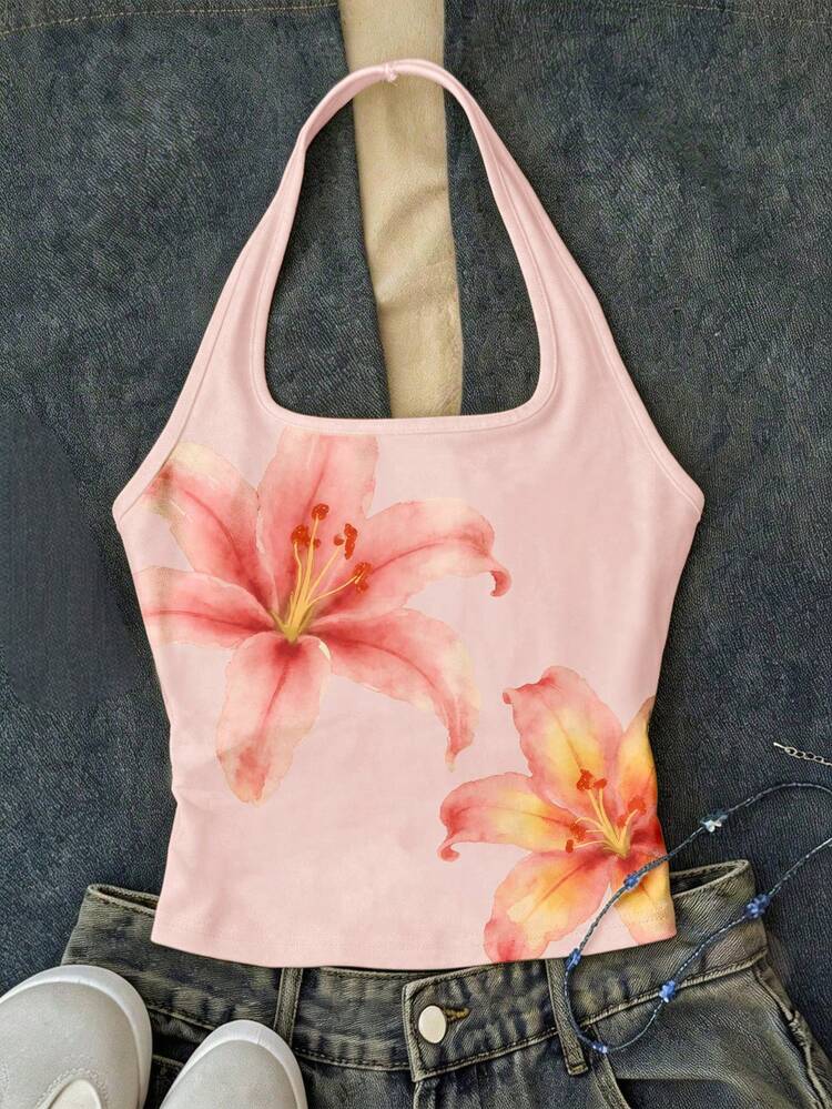 Pink Vintage High-End Girly Floral Lily Print Long White Halter Neck Casual Tank Top, Slim Fit, Y2K Style, Cute Summer Outfit For Tween Girls - White - View 1