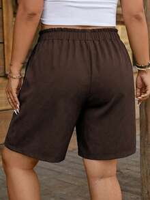 Comfylo Plus Size Solid Color Drawstring Waist Ruched Casual Versatile Daily Shorts - Brown - View 2