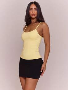 MUSERA ESSENTIALS Cotton Blended Strappy Fitted Scoop Neck Longline Tank Vest Top Spring Summer Holiday Everyday Cute Daily Basics Simple Essential - Yellow - View 3